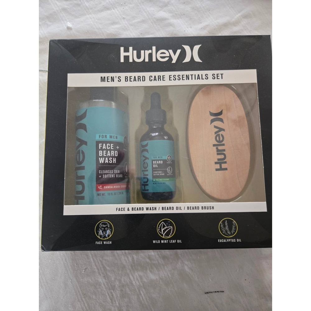 Hurley Mens Beard Care Essentials Set Face Beard Wash Beard Oil Beard Brush